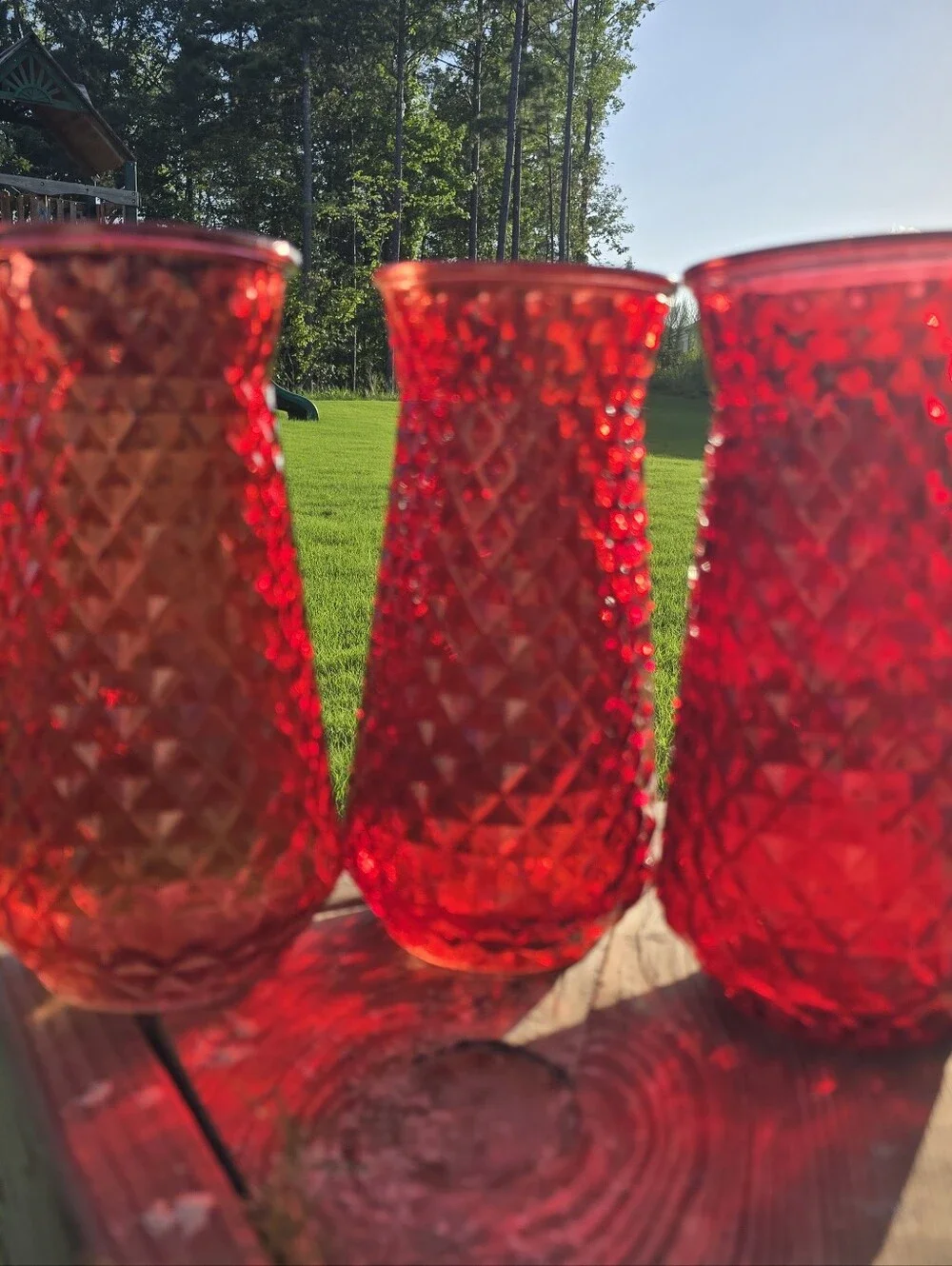 Set Of 3 Vintage Paula DPS 9in Vases. Each A Slightly Different Shade Of Red.